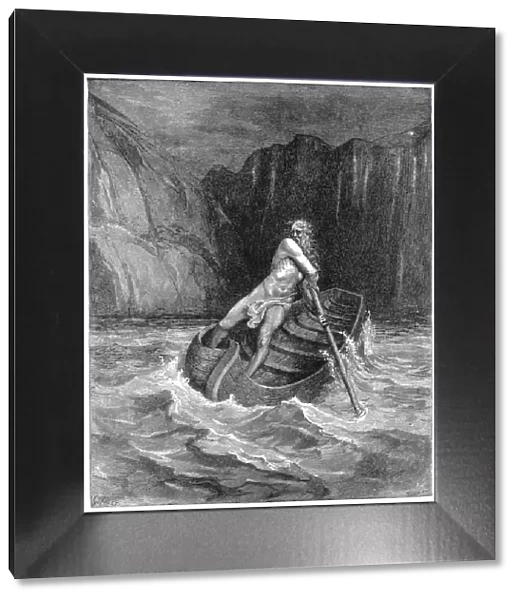 Charon the ferryman rowing to collect Dante and Virgil, to carry them across the Styx, 1861. Artist: Gustave Dore