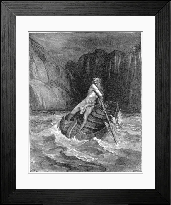 Framed Print : Charon the ferryman rowing to collect Dante and Virgil, to carry them across the Styx, 1861. Artist: Gustave Dore Framed Print : Charon the ferryman rowing to collect Dante and Virgil, to carry them across the Styx, 1861. Artist: Gustave Dore