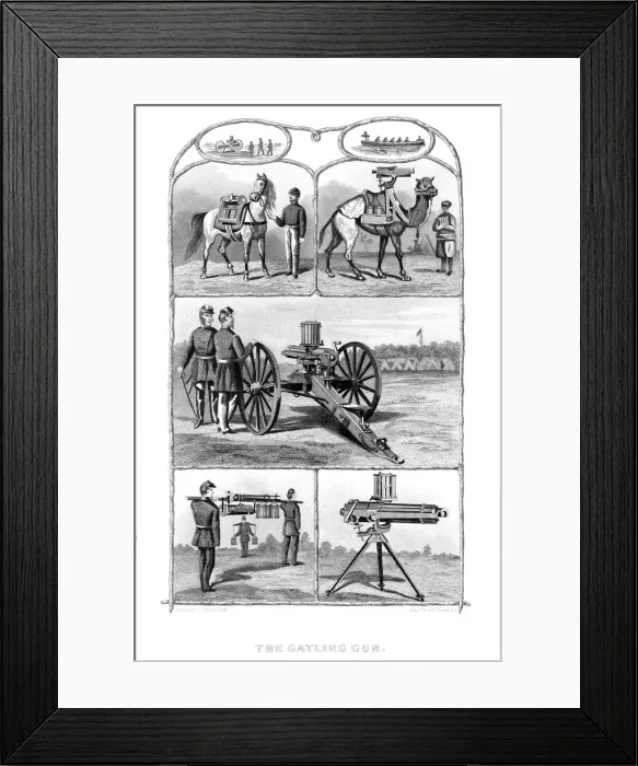 Framed Print : Gatling rapid fire guns, 1862. Artist: William George Armstrong Framed Print : Gatling rapid fire guns, 1862. Artist: William George Armstrong