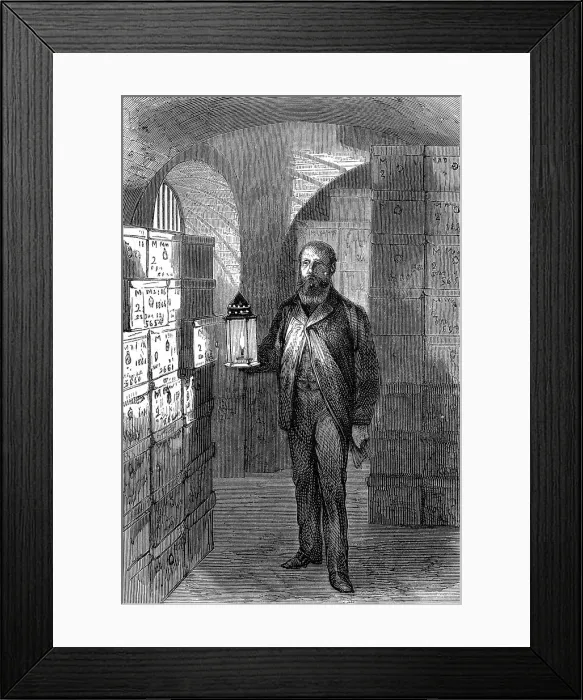 Framed Print : Banknote store in the vaults of the Bank of England, c1870 Framed Print : Banknote store in the vaults of the Bank of England, c1870