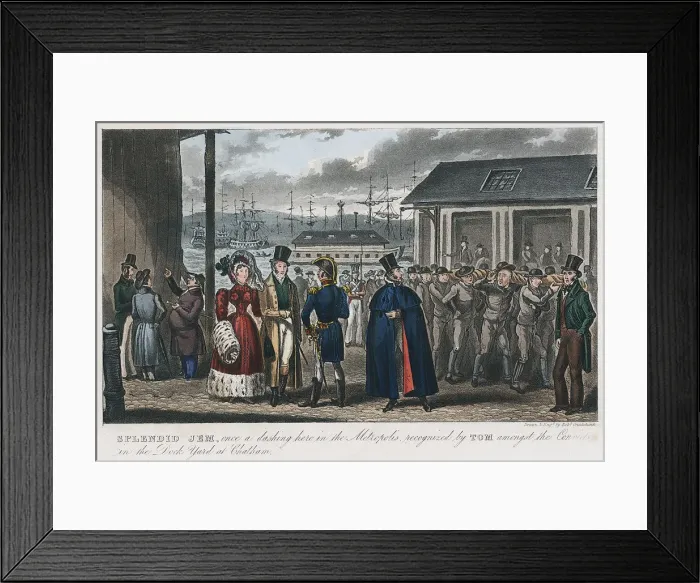 Framed Print : Splendid Jem amongst the convicts in the Naval Dock Yard at Chatham, Kent, 1821. Artist: Isaac Robert Cruikshank Framed Print : Splendid Jem amongst the convicts in the Naval Dock Yard at Chatham, Kent, 1821. Artist: Isaac Robert Cruikshank