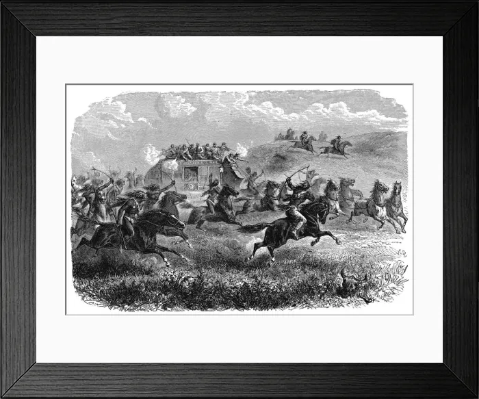 Framed Print : Mail coach attacked by Native American Indians, 1867 Framed Print : Mail coach attacked by Native American Indians, 1867