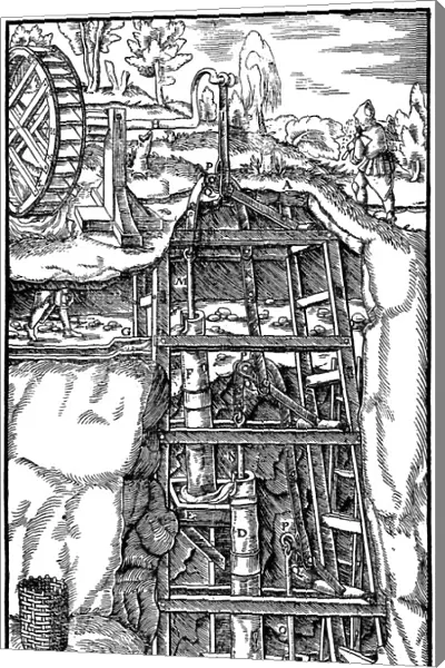 Draining a mine using a series of suction pumps powered by a water wheel, 1556