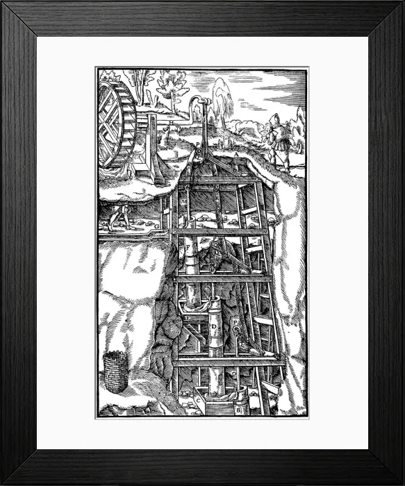 Framed Print : Draining a mine using a series of suction pumps powered by a water wheel, 1556 Framed Print : Draining a mine using a series of suction pumps powered by a water wheel, 1556