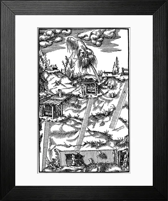 Framed Print : Sectional view of a German mine, 1556 Framed Print : Sectional view of a German mine, 1556