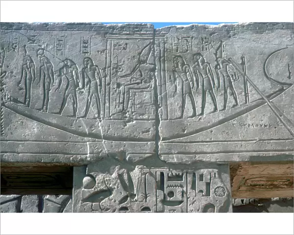 Relief of solar boat carrying Ra, Mortuary Temple, Medinat Habu, Luxor, Egypt, c12th century BC