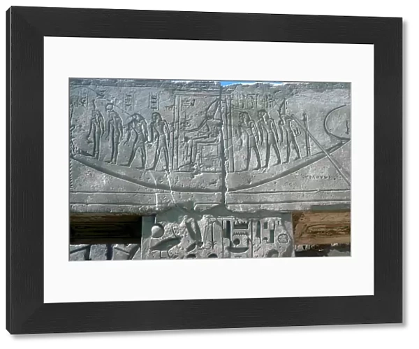 Relief of solar boat carrying Ra, Mortuary Temple, Medinat Habu, Luxor, Egypt, c12th century BC