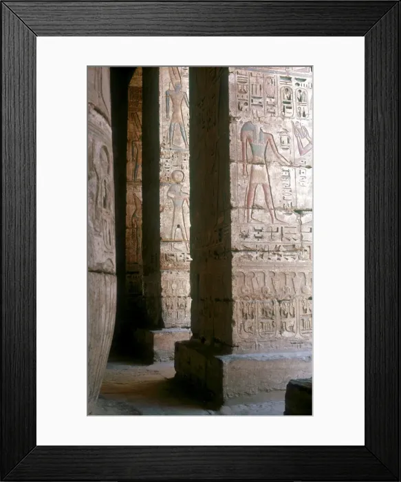 Framed Print : Egyptian gods engraved on pillars, Mortuary Temple, Medinat Habu, Egypt, c12th century BC Framed Print : Egyptian gods engraved on pillars, Mortuary Temple, Medinat Habu, Egypt, c12th century BC