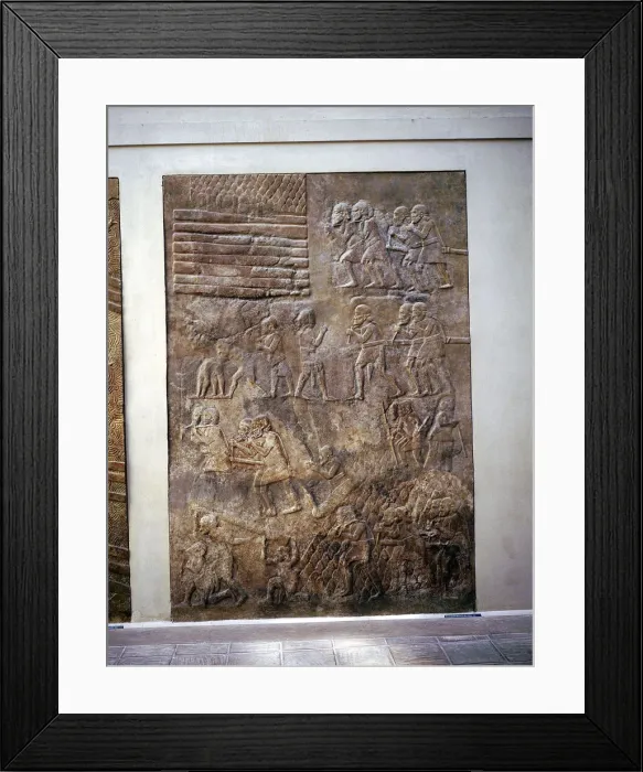 Framed Print : Assyrian relief showing transport of timber by land, Khorsabad, c8th century BC Framed Print : Assyrian relief showing transport of timber by land, Khorsabad, c8th century BC