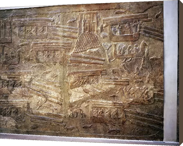 Assyrian relief showing transport of timber from Lebanon by water, Khorsabad, c8th century BC