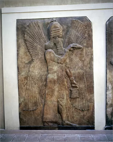 Assyrian relief of a winged genie with a bucket & a cedar cone, Khorsabad, 8th century BC
