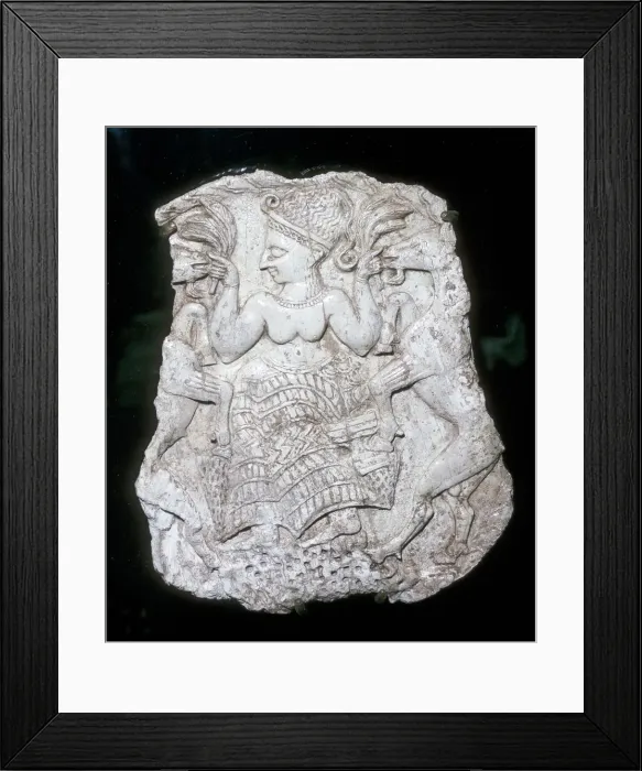 Framed Print : Ivory cosmetic box cover depicting a goddess feeding caprids, Tomb at Minet-el-Beida, c1250 BC Framed Print : Ivory cosmetic box cover depicting a goddess feeding caprids, Tomb at Minet-el-Beida, c1250 BC