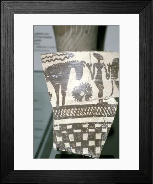 Framed Print : Terracotta pottery fragment of a human figure between two horses, Tepe Sialk, Iran, 4th mil. BC