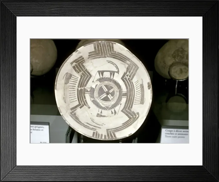 Framed Print : Terracotta dish with animal decoration, Susa, c4200-3800 BC Framed Print : Terracotta dish with animal decoration, Susa, c4200-3800 BC