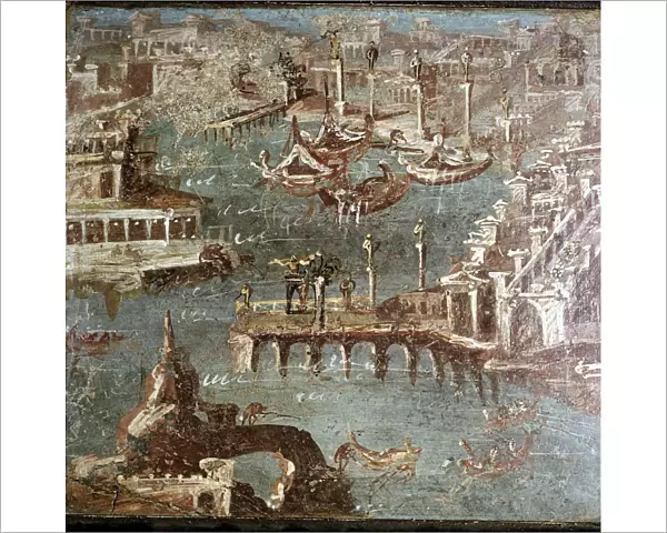 Roman wallpainting of a harbour scene, Stabiae, near Pompeii, Italy