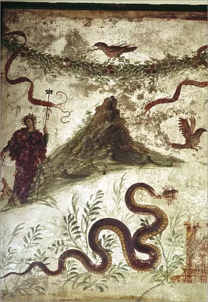 Roman wallpainting showing Mount Vesuvius and Bacchus (Dionysus) or the Genius Loci, Pompeii, Italy