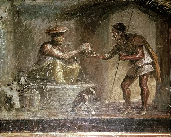 Roman wallpainting of a traveller and a water-seller, Pompeii, Italy