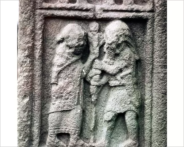 Celtic chief helps Christian priest to set up a staff, Clonmacnoise, Ireland