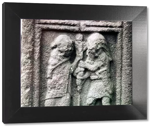 Celtic chief helps Christian priest to set up a staff, Clonmacnoise, Ireland