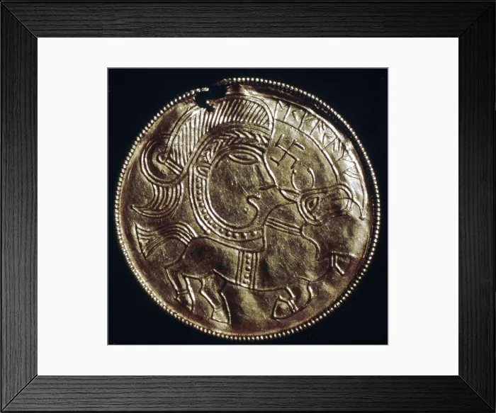 Framed Print : Gold bracteate, Germanic Iron Age, Denmark, c500 Framed Print : Gold bracteate, Germanic Iron Age, Denmark, c500