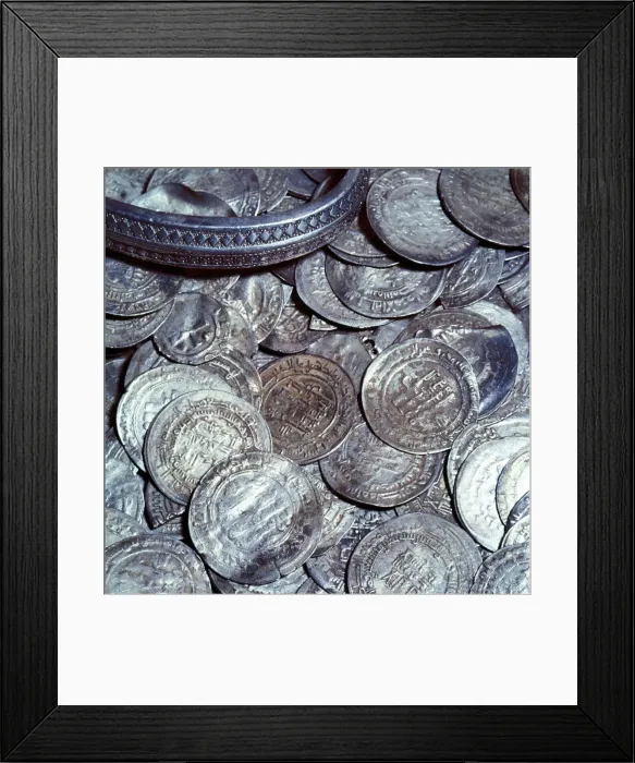 Framed Print : Hoard of silver & Arab coins from a Viking grave, Sweden, 10th century Framed Print : Hoard of silver & Arab coins from a Viking grave, Sweden, 10th century