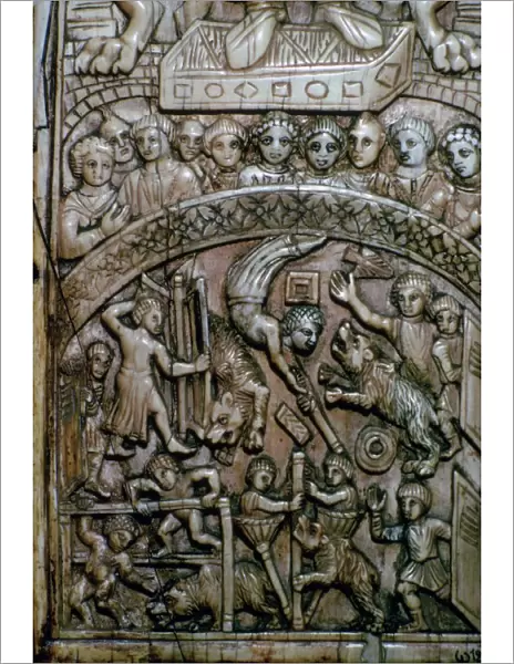 Detail of a leaf of a Byzantine ivory diptych showing men and bears at the circus