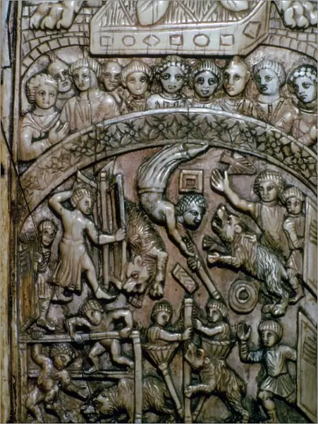 Detail of a leaf of a Byzantine ivory diptych showing men and bears at the circus