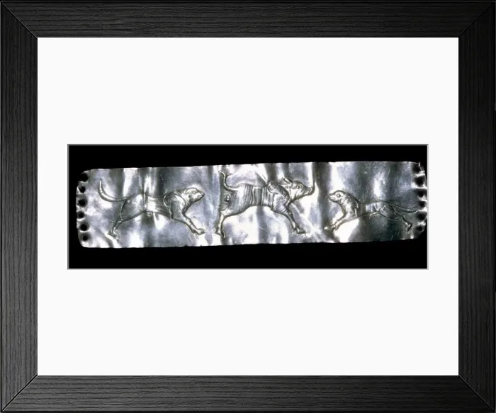Framed Print : Parthian silver plaque of two dogs and a boar Framed Print : Parthian silver plaque of two dogs and a boar