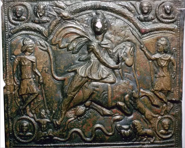 Bronze Roman relief of Mithras killing a bull