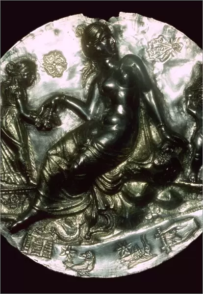 Silver relief medallion bearing the image of Aphrodite and Eros