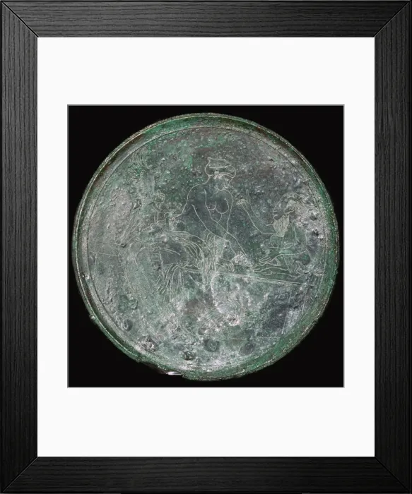 Framed Print : Greek bronze mirror case with Aphrodite and Pan, c350 BC Framed Print : Greek bronze mirror case with Aphrodite and Pan, c350 BC