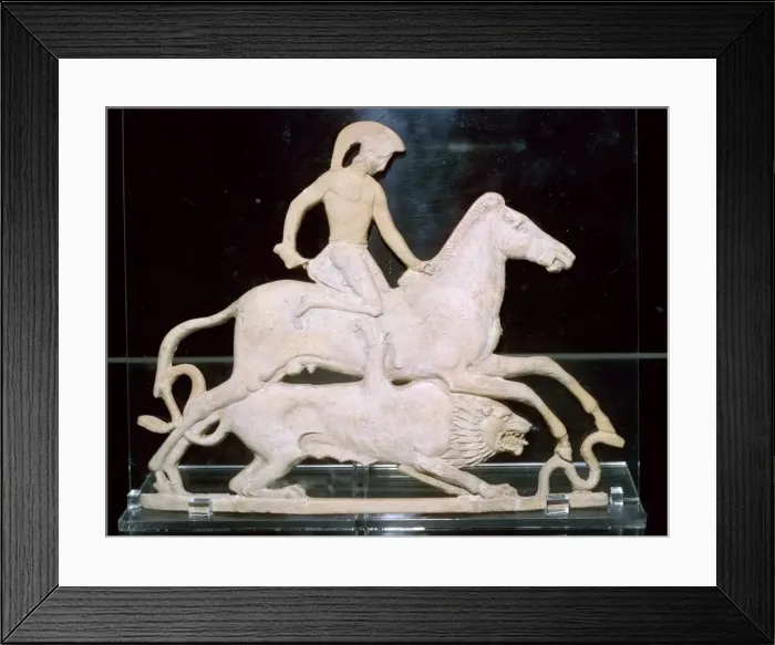 Framed Print : Greek terracotta relief of Bellerophon and the Chimera, 5th century BC Framed Print : Greek terracotta relief of Bellerophon and the Chimera, 5th century BC