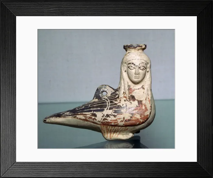 Framed Print : Greek terracotta in the shape of a siren, c570BC Framed Print : Greek terracotta in the shape of a siren, c570BC