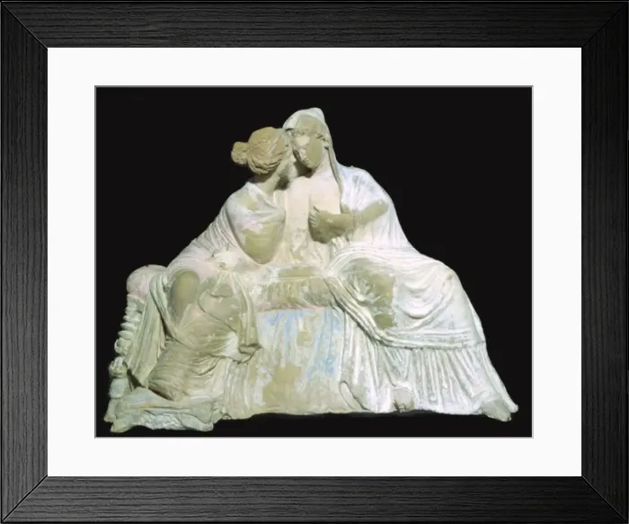 Framed Print : Greek terracotta statuette of two women chatting Framed Print : Greek terracotta statuette of two women chatting