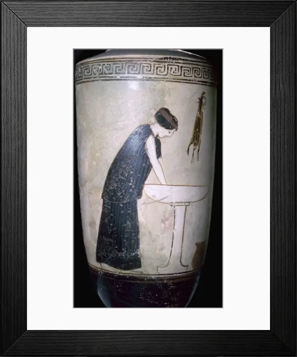 Framed Print : White-ground lekythos with a pianting of a woman at a wash basin, Attica, Greece, 470BC-460BC Framed Print : White-ground lekythos with a pianting of a woman at a wash basin, Attica, Greece, 470BC-460BC