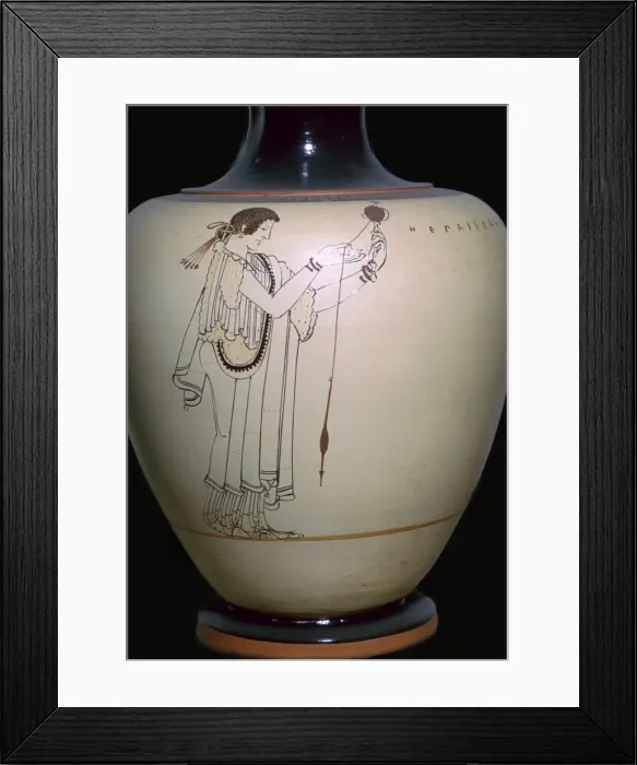 Framed Print : Vase-painting of a woman spinning, 5th century BC Framed Print : Vase-painting of a woman spinning, 5th century BC