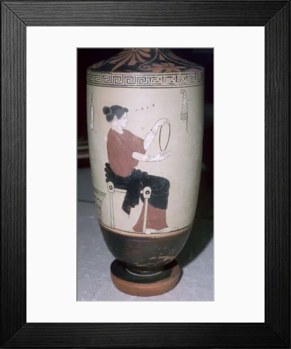 Framed Print : Greek vase painting of a seated woman, 5th century BC Framed Print : Greek vase painting of a seated woman, 5th century BC