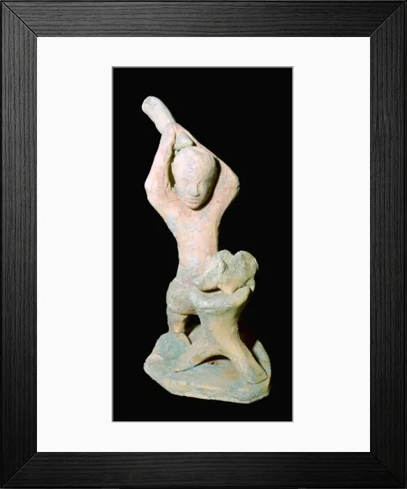 Framed Print : Greek terracotta statuette of a butcher with a pig Framed Print : Greek terracotta statuette of a butcher with a pig