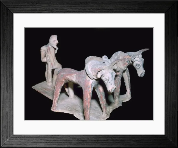 Framed Print : Greek terracotta of a man ploughing, 6th century BC Framed Print : Greek terracotta of a man ploughing, 6th century BC