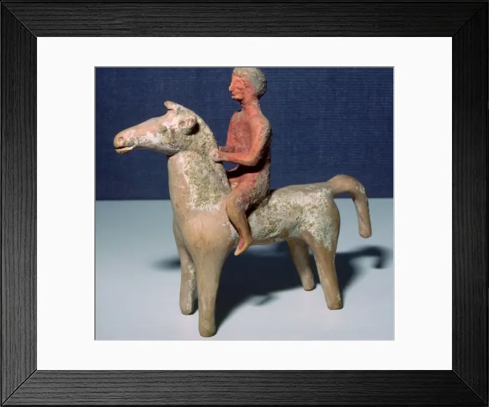 Framed Print : Greek terracotta statuette of a horse and rider, 6th century BC Framed Print : Greek terracotta statuette of a horse and rider, 6th century BC