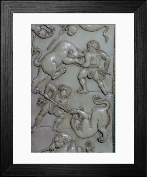 Framed Print : Detail from an ivory diptych of men fighting lions, 6th century Framed Print : Detail from an ivory diptych of men fighting lions, 6th century