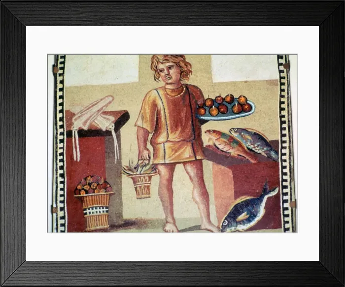 Framed Print : Roman mosaic of a slave boy in a kitchen Framed Print : Roman mosaic of a slave boy in a kitchen