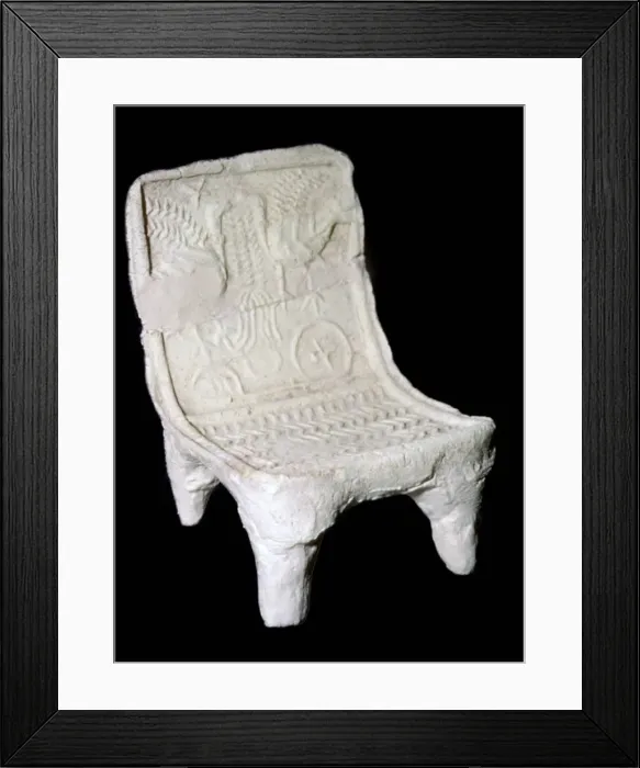 Framed Print : Model terracotta chair from Ur with relief design of two birds Framed Print : Model terracotta chair from Ur with relief design of two birds