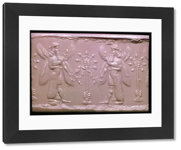 Neo-Assyrian cylinder-seal impression showing mythical beings making offerings