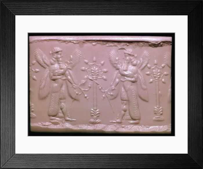 Framed Print : Neo-Assyrian cylinder-seal impression showing mythical beings making offerings Framed Print : Neo-Assyrian cylinder-seal impression showing mythical beings making offerings