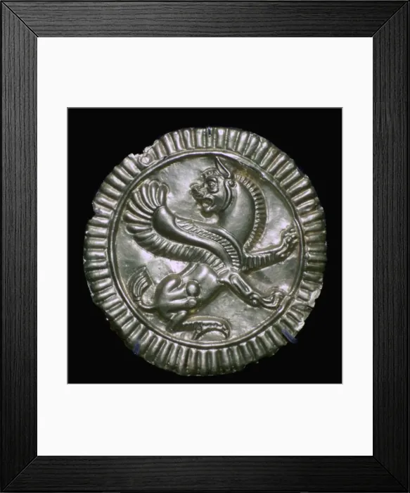 Framed Print : Embossed ornament in the form of a lion-griffin, from the Oxus treasure, 5th-4th century BC Framed Print : Embossed ornament in the form of a lion-griffin, from the Oxus treasure, 5th-4th century BC