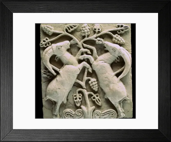 Framed Print : Limestone plaque with two deer, from Susa, Iran