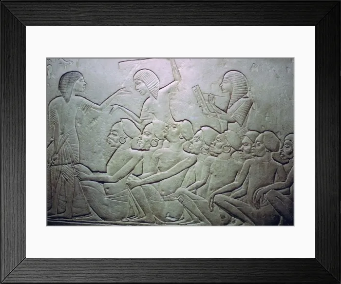 Framed Print : Detail of an Egyptian stele showing an overseer, slaves and scribe Framed Print : Detail of an Egyptian stele showing an overseer, slaves and scribe