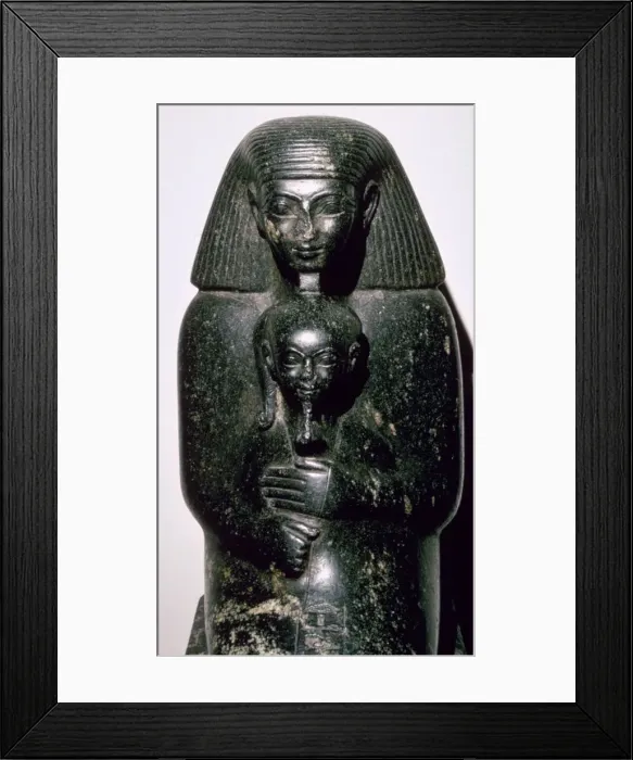 Framed Print : Egyptian statuette of Sehenmut and his ward the Princess Neferure, c. 14th century BC Framed Print : Egyptian statuette of Sehenmut and his ward the Princess Neferure, c. 14th century BC