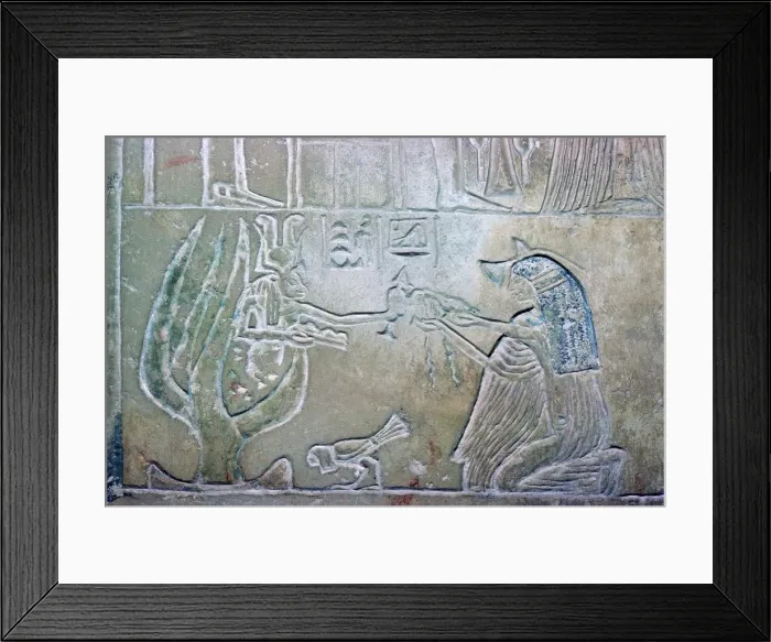 Framed Print : Egyptian relief showing a dead woman and Hathor Framed Print : Egyptian relief showing a dead woman and Hathor